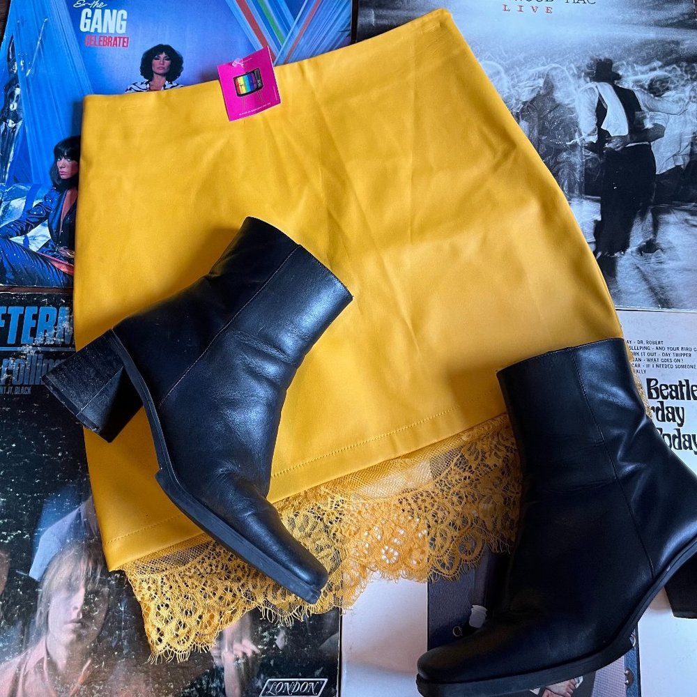 Vintage Yellow faux Leather Lace Skirt